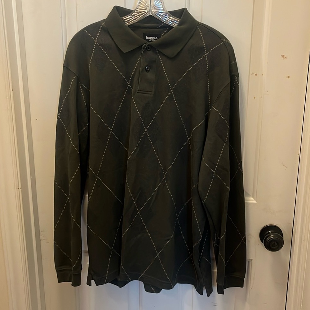 EUC Haggar Men’s Collared Argyle Sweater in Olive Green - Sz Large